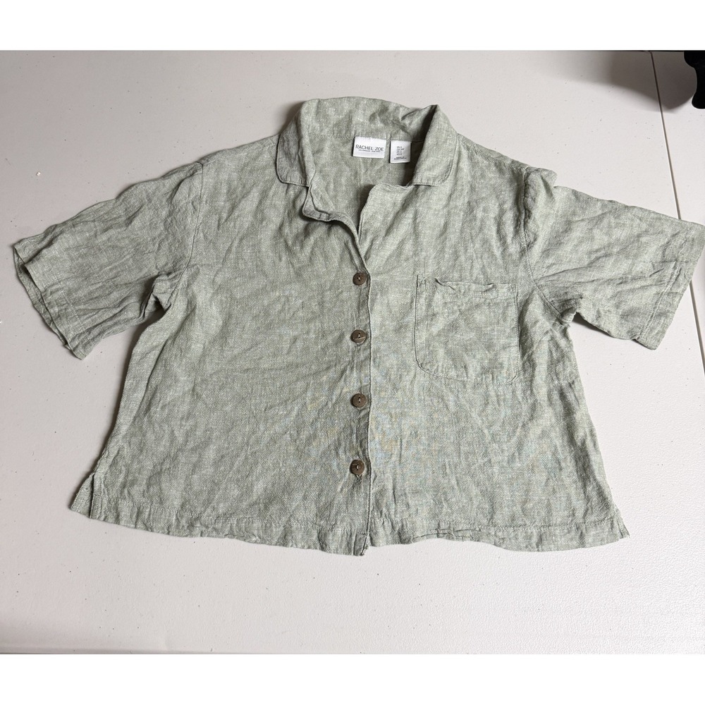 Rachel Zoe Shirt Blouse Green Button Up Short Sleeve Linen Blend Resort Neutral